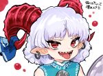  1girl blue_dress curly_hair dress earrings horizontal_pupils horn_ornament horn_ribbon horns howhow_notei jewelry open_mouth pointy_ears rectangular_pupils red_eyes red_horns ribbon sharp_teeth sheep_horns teeth tongue tongue_out touhou toutetsu_yuuma utensil white_hair 