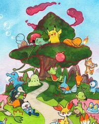  :3 against_tree black_eyes bright_pupils bubble bulbasaur charmander chespin chikorita chimchar closed_eyes closed_mouth commentary cropped cyndaquil english_commentary fennekin fire flame-tipped_tail froakie highres in_tree lying mofinngram no_humans on_back open_mouth orange_eyes oshawott painting_(medium) path pikachu piplup plant pokemon pokemon_(creature) pokemon_focus popplio red_eyes scorbunny sharp_teeth smile snivy spines squirtle standing standing_on_one_leg tail teeth tepig torchic totodile traditional_media tree treecko turtwig vines watercolor_(medium) white_pupils 