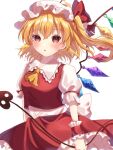  1girl :o ascot back_bow blonde_hair bow commentary_request cowboy_shot flandre_scarlet frilled_shirt_collar frilled_skirt frills hat highres holding holding_weapon laevatein_(touhou) medium_hair mob_cap multicolored_wings open_mouth orange_eyes puffy_short_sleeves puffy_sleeves red_skirt red_vest shirt short_sleeves side_ponytail simple_background siomi_403 skirt skirt_set solo touhou vest weapon white_bow white_headwear white_shirt wings wrist_cuffs yellow_ascot 