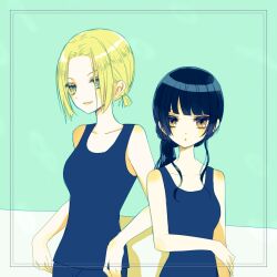  2girls adelheid_muller ai_tanaka black_hair blonde_hair blue_background breasts commentary_request engawa_(osstbti) highres long_hair mahou_shoujo_ikusei_keikaku mahou_shoujo_ikusei_keikaku_black multiple_girls short_hair smile swimsuit yellow_eyes 