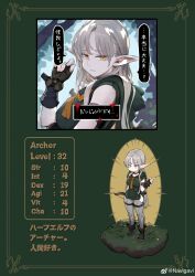  1girl absurdres ankle_boots archer_(navigavi) armband artist_name black_boots black_border black_gloves blonde_hair blood boots border bow_(weapon) breasts brown_border character_name character_profile chibi closed_mouth clothing_cutout commentary day elf eyelashes fantasy fingerless_gloves fingernails forest full_body gloves grass green_background green_hoodie grey_hair grey_pants hair_over_shoulder hand_up highres hip_vent holding holding_bow_(weapon) holding_weapon hood hood_down hoodie index_finger_raised jun_(navigavi) long_hair looking_at_viewer medium_breasts nature neckerchief nose orange_neckerchief ornate_border outdoors pants party_o_kumimasen_ka? pointy_ears quiver sleeveless sleeveless_hoodie speech_bubble standing stats sunlight sweatdrop teeth thigh_strap translation_request upper_body video_game_dialogue_box watermark weapon weibo_username weibo_watermark yellow_eyes 