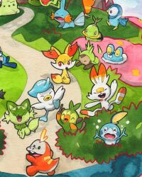  >_< :3 chespin chikorita closed_eyes closed_mouth commentary cropped crying english_commentary fangs fennekin flying_teardrops froakie fuecoco grookey highres holding holding_stick mofinngram mudkip no_humans nostrils open_mouth orange_eyes oshawott painting_(medium) path piplup pokemon pokemon_(creature) pokemon_focus quaxly scorbunny smile sobble sprigatito stick torchic traditional_media treecko turtwig watercolor_(medium) 