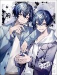  2boys black_hair brothers closed_mouth commission grey_eyes long_sleeves looking_at_viewer male_focus mikoccccchan multiple_boys one_eye_closed open_mouth original short_hair siblings skeb_commission smile teeth twins 