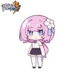  1girl bangs black_footwear black_skirt blush_stickers bow breasts chibi closed_mouth collared_shirt copyright_name dress_shirt elysia_(honkai_impact) eta flower full_body hair_flower hair_ornament heart honkai_(series) honkai_impact_3rd looking_at_viewer low_ponytail pink_bow pink_hair pleated_skirt ponytail school_uniform shirt shoes short_sleeves simple_background skirt small_breasts smile solo standing thigh-highs white_background white_flower white_shirt 