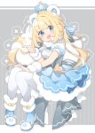  1girl :d animal_ears back_bow bangs bear bear_ears blonde_hair blue_eyes blush boots bow braid crown dress fur-trimmed_boots fur_collar fur_trim hair_ribbon index_finger_raised koguma105 long_hair mini_crown open_mouth original pantyhose polar_bear puffy_short_sleeves puffy_sleeves ribbon short_sleeves smile solo sparkle twintails underbust very_long_hair 