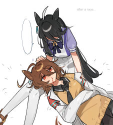  1girl agnes_tachyon_(umamusume) ahoge animal_ears black_hair black_necktie black_pantyhose black_shirt blood blood_on_face bow bowtie coat collared_shirt colored_skin emne english_text hair_between_eyes hem_peeking_out highres horse_ears horse_girl huge_ahoge lab_coat lap_pillow long_hair looking_at_another manhattan_cafe_(umamusume) medium_hair multicolored_hair multicolored_skin necktie nosebleed open_clothes open_coat pantyhose pen pleated_skirt purple_bow purple_bowtie purple_shirt red_eyes red_shoes sailor_collar school_uniform shirt shirt_tucked_in shoes simple_background sitting skirt solo speech_bubble sweater tracen_school_uniform two-tone_skin umamusume very_long_hair white_background white_coat white_hair white_sailor_collar white_shirt white_skirt yellow_sweater 