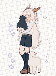  1boy absurdres aged_down animal animal_ears arknights arrow_(symbol) baby_animal black_shorts black_socks brown_shoes chinese_commentary closed_eyes collared_shirt commentary_request goat goat_boy goat_ears goat_horns grid_background highres holding holding_animal horns kneehighs kreide_(arknights) laughing leyuanzhuifang long_sleeves open_mouth shirt shoes shorts simple_background smile socks white_background white_shirt 
