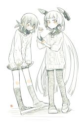  2girls alternate_costume ark_kan bad_id bad_tumblr_id blunt_bangs commentary_request dress floating_headgear fubuki_(kancolle) greyscale hair_ribbon headgear kantai_collection kneehighs long_hair long_sleeves low_ponytail monochrome multiple_girls murakumo_(kancolle) open_mouth pantyhose ponytail ribbon sailor_collar sailor_dress shoes sidelocks simple_background skirt sleeves_past_wrists socks spot_color standing sweater tress_ribbon very_long_hair 
