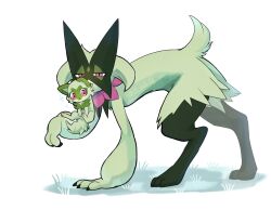  1other :3 black_fur body_fur cat claws closed_mouth commentary_request full_body furry green_fur green_hair highres looking_at_viewer meowscarada o_hitu_g other_focus pawpads pink_eyes pokemon pokemon_(creature) short_hair short_tail simple_background solo sprigatito standing tail two-tone_fur white_background 