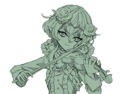  1girl closed_mouth commentary_request cranberry_(mahoiku) dress flower frilled_dress frills hair_flower hair_ornament highres holding holding_instrument holding_violin instrument magical_girl mahou_shoujo_ikusei_keikaku mahou_shoujo_ikusei_keikaku_unmarked medium_hair pointy_ears rose violin white_background yomo_gigyoza 