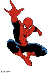  1boy \m/ absurdres animal_print arm_up bilingual_commentary blue_bodysuit bodysuit clenched_hand commentary dated full_body highres knees_up looking_ahead male_focus marvel mask mixed-language_commentary multicolored_bodysuit outstretched_arm print_bodysuit red_bodysuit red_mask simple_background solo spider-man spider-man_(original_suit) spider-man_(series) spider_print spider_web_print superhero_costume taiwanjin toned toned_male two-tone_bodysuit white_background 