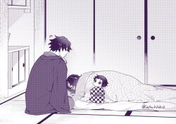  1boy 1girl alternate_hair_length_(shorter) alternate_hairstyle alternate_universe baby blanket checkered_haori commentary_request empty_sleeve family finger_to_mouth full_body good_end greyscale gysn_hihihi3 haori if_they_mated indoors japanese_clothes kimetsu_no_yaiba kochou_shinobu long_sleeves looking_at_another monochrome no_mouth on_floor short_hair shushing sitting sleeping spiky_hair tatami tomioka_giyuu twitter_username under_covers unmoving_pattern 