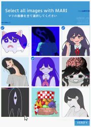  6+girls animalization apple banana bilingual_text black_eyes black_hair black_sweater_vest blush brain bright_pupils cat closed_eyes closed_mouth collared_shirt colored_skin commentary cursor double-parted_bangs dress english_text food fruit grapes hair_behind_ear hair_between_eyes highres long_hair looking_at_viewer mari?_(omori) mari_(faraway)_(omori) mari_(headspace)_(omori) mari_(omori) mari_(spirit)_(omori) maromichan mixed-language_text multiple_girls multiple_persona neckerchief open_mouth orange_(fruit) pear picnic_basket purple_hair purple_sweater_vest red_neckerchief shirt short_sleeves smile something_(omori) spoilers sweater_vest teeth twitter_username upper_teeth_only violet_eyes white_dress white_pupils white_shirt white_skin 