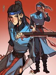  1boy adapted_costume all_wishes_come_true! alternate_costume arm_wrap black_boots black_eyes black_hair black_pants black_sash black_shirt blue_hanfu blue_headband boots chinese_clothes chinese_commentary closed_eyes closed_mouth commentary_request earrings english_text floating_hair full_body gradient_background hand_in_pocket hand_up hanfu headband high_ponytail highres instrument jewelry keyboard_(instrument) long_hair long_sleeves looking_at_viewer lv_dongbin_(all_wishes_come_true!) male_focus multiple_views necklace pants paxilionx playing_instrument ponytail red_background red_ribbon ribbon sash shirt sidelocks simple_background sitting smile solo standing turtleneck xiangyun yaopei 