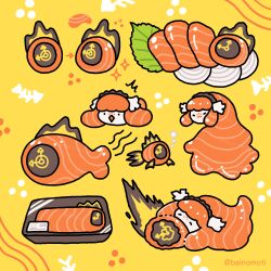  ^^^ animalization bainomoti clock closed_eyes commentary dante_(limbus_company) diamond_mouth fire fish_(food) fish_skeleton food foodification freckles highres hug ishmael_(project_moon) limbus_company nigirizushi project_moon simple_background surprised sushi swimming twitter_username yellow_background 