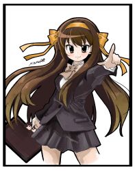  1girl alternate_hair_length_(longer) artist_name black_jacket black_skirt bow bowtie brown_eyes brown_hair commentary_request hair_ribbon highres jacket kimume042616 kouyouen_academy_school_uniform long_hair looking_at_viewer official_alternate_costume official_alternate_hairstyle orange_ribbon pointing pointing_at_viewer ribbon school_uniform shirt simple_background skirt solo suzumiya_haruhi suzumiya_haruhi_no_shoushitsu suzumiya_haruhi_no_yuuutsu white_background white_shirt 