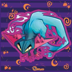  bilingual_commentary border candy candy_corn claws closed_mouth commentary dragapult english_commentary food full_body highres instagram_username mixed-language_commentary no_humans outline pokemon pokemon_(creature) pokemon_focus purple_background purple_border purple_outline slit_pupils solo spanish_commentary striped_background turkey_1200 