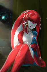 1girl absurdres arm_fins blood blood_on_clothes blood_on_face blue_gem bracelet champion's_tunic_(zelda) collar commentary fins fish_girl gem gills hair_ornament head_fins head_tail highres jewelry looking_at_viewer mipha monster_girl the_legend_of_zelda the_legend_of_zelda:_breath_of_the_wild wo_chi_xiangjiao_pi yellow_eyes zora 
