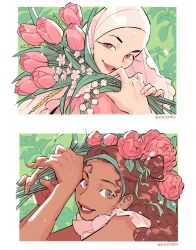  2girls absurdres artist_name brown_eyes brown_hair commentary dark-skinned_female dark_skin flower hana_(winchestermegg) highres hijab holding holding_flower looking_at_viewer mera_(winchestermegg) multiple_girls original pink_flower pink_tulip tulip upper_body white_hijab winchestermegg 