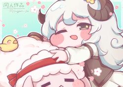  1girl 2others artist_name baby_animal bandana bird black_vest blue_background brushing chibi chick commentary_request dress fewer_digits fluffy_hair grey_eyes hair_brush highres horns looking_at_viewer mago_(trickcal) multiple_others one_eye_closed red_bandana sheep sheep_girl sheep_horns shirt trickcal twitter_username vest white_dress white_hair white_shirt yagami_yu 