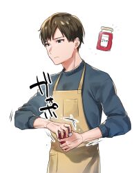  1boy apron black_eyes blue_sweater brown_hair commentary_request highres holding holding_jar jam jar male_focus original shiohara_shinogi short_hair simple_background solo sweater translation_request upper_body white_background yellow_apron 