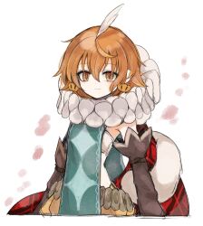  1girl black_gloves butter_run closed_mouth commentary_request earrings feather_hair_ornament feathers gloves hair_ornament highres jewelry looking_at_viewer magical_girl mahou_shoujo_ikusei_keikaku mahou_shoujo_ikusei_keikaku_limited multicolored_eyes orange_hair pukin short_hair smile white_background 