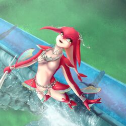  1girl ankle_fins arm_fins blue_gem body_fins breasts collar fins fish_girl full_body gem hair_ornament head_fins head_tail highres holding holding_polearm holding_weapon hyrule_warriors hyrule_warriors:_age_of_calamity jewelry jumping lance leg_fins mipha monster_girl noxati polearm shoulder_fins solo solo_focus the_legend_of_zelda the_legend_of_zelda:_breath_of_the_wild water waterfall weapon yellow_eyes zora 
