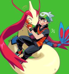  :d ;d black_hair black_pants brendan_(pokemon) fingerless_gloves full_body gloves green_background hat looking_at_viewer milotic one_eye_closed open_mouth pants pokemon pokemon_(creature) pokemon_adventures red_eyes red_gloves shirt short_hair short_sleeves smile sukonbu_heiki twitter_username 