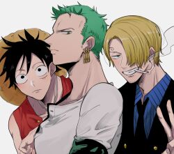  3boys bandana_around_arm black_necktie black_suit blue_shirt cigarette clenched_teeth commentary_request curly_eyebrows earrings green_hair hair_over_one_eye hao_(ohao52) hat jewelry looking_at_viewer male_focus monkey_d._luffy multiple_boys necktie one_piece red_shirt roronoa_zoro sanji_(one_piece) shirt short_hair simple_background sleeveless sleeveless_shirt smile smoke straw_hat suit teeth v white_background 