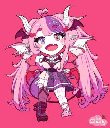  1girl ahoge asymmetrical_legwear black_boots black_thighhighs boots chibi choker commentary demon_girl demon_horns demon_wings english_commentary fang hair_ornament head_wings heart heart_ahoge heart_hair_ornament heart_o-ring heart_ring_choker heterochromia highres horns ironmouse ironmouse_(15th_costume) jacket long_hair looking_at_viewer mismatched_legwear multicolored_hair multiple_wings o-ring o-ring_choker open_mouth pink_background pink_choker pink_hair pink_jacket pink_shoes pointy_ears purple_hair purple_streaks red_eyes shoes skin_fang skirt spiked_choker spikes streaked_hair tadacharly thigh-highs twintails violet_eyes virtual_youtuber vshojo white_horns white_thighhighs wings 