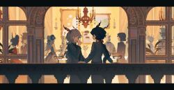  +_+ 2boys 3girls 4others absurdres against_railing animal_ears arch arknights arm_support black_suit bow candle chandelier chinese_commentary commentary_request cowboy_shot ebenholz_(arknights) facing_away glass goat_boy goat_ears goat_horns hair_bow hand_up happy highres horns kreide_(arknights) letterboxed leyuanzhuifang long_hair long_sleeves looking_at_another multiple_boys multiple_girls multiple_others open_mouth outdoors painting_(object) picture_frame ponytail railing red_bow smile speech_bubble suit very_long_hair white_hair 