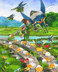  1girl alternate_color apple bag bright_pupils brown_hair bug charjabug closed_eyes closed_mouth colored_sclera commentary electricity english_commentary evolutionary_line festival_jinbei flying food from_side fruit grass green_mask green_shirt green_shorts grubbin hand_on_another's_head highres holding holding_pokemon insect_wings japanese_clothes jinbei_(clothes) juliana_(pokemon) lightning_bolt_symbol mandibles mask mofinngram official_alternate_costume official_alternate_hairstyle ogerpon ogerpon_(teal_mask) one_eye_closed open_mouth orange_eyes orange_sclera outdoors painting_(medium) path pikachu pokemon pokemon_(creature) pokemon_scarlet_and_violet sandals shiny_and_normal shiny_pokemon shirt short_hair shorts sidelocks signature sky smile socks standing traditional_media v-shaped_eyes vikavolt water watercolor_(medium) white_bag white_pupils white_socks wings 