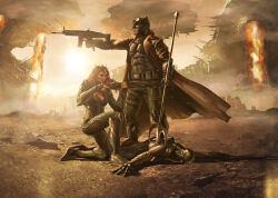  1boy 1girl absurdres aiming amber_heard aquaman_(series) armor armored_bodysuit armored_boots batman batman_(series) batman_v_superman:_dawn_of_justice ben_affleck boots bruce_wayne coat dc_comics desert full_armor green_armor gun highres holding holding_gun holding_weapon justice_league justice_league_(movie) long_hair mad_max mad_max:_fury_road mera_(dc) polearm post-apocalypse poster_redraw queen red_hair scene_reference stab trench trident weapon 