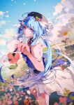  1girl artist_name bare_shoulders beret black_headwear blue_hair blue_sky clouds cloudy_sky dress field flower flower_field griseo hat highres holding holding_brush honkai_(series) honkai_impact_3rd long_hair off-shoulder_dress off_shoulder outdoors petals signature sky solo twintails violet_eyes white_dress yeurei 