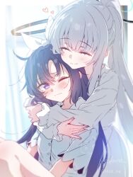  2girls artist_name blue_archive blue_hair bow closed_eyes commentary_request grey_hair hair_bow halo heart highres hug hug_from_behind indoors itsk_ne long_hair mechanical_halo multiple_girls noa_(blue_archive) noa_(pajamas)_(blue_archive) official_alternate_costume one_eye_closed pajamas ponytail smile sunlight violet_eyes yuuka_(blue_archive) yuuka_(pajamas)_(blue_archive) 