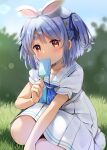  1girl animal_ears bangs blue_hair blue_neckerchief blue_ribbon blue_sky carrot_hair_ornament choker commentary_request day food food-themed_hair_ornament hair_ornament hair_ribbon holding holding_food hololive looking_at_viewer natsume_eri neckerchief on_grass outdoors pleated_skirt popsicle puffy_short_sleeves puffy_sleeves rabbit_ears red_eyes ribbon shirt short_eyebrows short_sleeves skirt sky solo thick_eyebrows two_side_up usada_pekora virtual_youtuber white_choker white_shirt white_skirt 