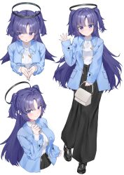  1girl absurdres bag black_halo black_pants blue_archive blue_jacket casual commentary_request full_body halo handbag highres jacket lilith_painting loafers long_hair looking_at_viewer looking_to_the_side mechanical_halo open_hand own_hands_together pants purple_hair shirt shoes smile solo turtleneck turtleneck_shirt two_side_up violet_eyes white_shirt yuuka_(blue_archive) 