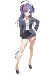  1girl absurdres anger_vein black_halo black_skirt blue_archive breasts collared_shirt full_body halo high_heels highres hoshi_kitsune id_card lanyard long_hair mechanical_halo medium_breasts miniskirt pencil_skirt purple_hair shirt skirt skirt_suit solo suit very_long_hair violet_eyes white_shirt yuuka_(blue_archive) 