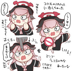  <o>_<o> 1girl 1other beret black_shirt blue_archive blush commentary constricted_pupils disembodied_hand dovepopon flailing halo hand_puppet hat head_dent highres holding holding_sign koharu_(blue_archive) long_hair multiple_views neckerchief no_lewdness_allowed!_death_penalty! no_symbol object_focus open_mouth partially_translated pink_hair pink_neckerchief poking_head puppet school_uniform serafuku shirt sign simple_background small_sweatdrop translation_request twintails white_background 