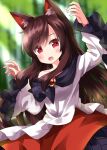  1girl animal_ears bamboo bamboo_forest blurry blurry_background blurry_foreground brooch brown_hair depth_of_field dress forest gao highres imaizumi_kagerou jewelry long_hair long_sleeves looking_at_viewer nature off-shoulder_dress off_shoulder open_mouth red_eyes ruu_(tksymkw) solo touhou wide_sleeves wolf_ears 
