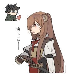  1boy 1girl alternate_breast_size_(smaller) animal_ears arm_cuffs armor black_dress breastplate brown_armor brown_hair cloak commentary_request cropped_torso dress flat_chest gauntlets green_cloak hand_on_hilt heart_out_of_chest highres iwatani_naofumi layered_dress leather_armor long_hair long_sleeves neck_ribbon open_mouth raccoon_ears raccoon_girl raphtalia red_dress red_eyes red_ribbon ribbon simple_background sleeveless sleeveless_dress soko solo_focus straight_hair sword tanuki tate_no_yuusha_no_nariagari translation_request two-tone_dress weapon white_background white_dress 