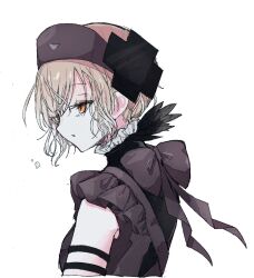  1girl animal_print bird_print black_bow black_dress bow butter_run commentary_request dress grey_hair hair_ornament hat highres magical_girl mahou_shoujo_ikusei_keikaku mahou_shoujo_ikusei_keikaku_restart nurse_cap orange_eyes shadowgale short_hair white_background x_hair_ornament 