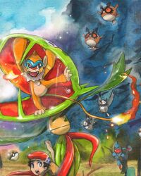  1boy :o bare_tree bird black_eyes black_hair breath_weapon breathing_fire bright_pupils carnivine closed_eyes closed_mouth clouds cloudy_sky commentary cropped embers english_commentary fangs fire flame-tipped_tail flying great_marsh hat highres hoothoot in_tree lucas_(pokemon) mofinngram monferno nostrils open_mouth outdoors painting_(medium) poke_ball pokemon pokemon_(creature) pokemon_diamond/pearl/platinum quagsire red_hat red_scarf safari_ball saliva scarf short_hair sky standing standing_on_one_leg starly tail teeth toxicroak traditional_media tree upper_teeth_only watercolor_(medium) white_pupils 