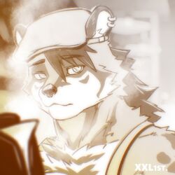  1boy anniversary apron beret brown_theme civet_boy civet_ears closed_mouth earrings electric_kettle english_text furry furry_male hat highres hikoero777 jewelry kettle looking_at_viewer male_focus steam sylas_(xxl) upper_body xxl_woofia 