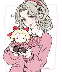  1girl :d artist_name blonde_hair bow bowtie cardigan character_doll commentary_request dissidia_duellum_final_fantasy dissidia_final_fantasy doll final_fantasy final_fantasy_vi hair_bow hair_ornament hairclip highres holding holding_doll long_sleeves looking_at_viewer oablamh official_alternate_costume open_mouth pink_bow pink_cardigan school_uniform smile solo terra_branford terra_branford_(school_cardigan) twitter_username upper_body violet_eyes 