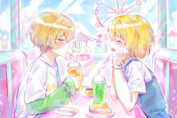  1boy 1girl acharlotte_0214 blonde_hair blush booth_seating bracelet cake cake_slice carousel chinese_commentary closed_eyes commentary_request couple don_quixote_(project_moon) drinking drinking_straw facing_another ferris_wheel food from_side green_shirt half-closed_eyes head_rest heart hetero highres ice_cream ice_cream_float indoors jewelry limbus_company melon_soda official_alternate_costume open_mouth overalls project_moon shirt short_sleeves sidelocks sinclair_(project_moon) smile spoken_heart undershirt white_shirt 
