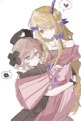  2girls bare_shoulders black_gloves blonde_hair bow carry_me commentary_request cross_ornament dress eyepatch frills gloves hair_bow hair_ornament hat highres long_hair magical_girl mahou_shoujo_ikusei_keikaku mahou_shoujo_ikusei_keikaku_restart multiple_girls nurse_cap pfle purple_bow shadowgale short_hair smile soleidekmo yellow_eyes 