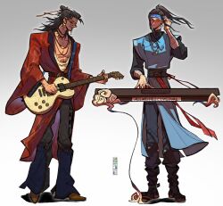  2boys adapted_costume all_wishes_come_true! alternate_costume arm_wrap artist_name belt bindi black_boots black_hair black_pants black_sash black_shirt blue_hanfu blue_headband blue_trim boots brown_boots chinese_clothes chinese_commentary closed_eyes closed_mouth coat commentary_request earrings electric_guitar english_text facial_hair facial_mark floating_hair forehead_mark full_body gradient_background grey_background grin guitar hair_bun hair_ribbon half_updo hand_up hanfu headband high_ponytail highres holding holding_guitar holding_instrument instrument jewelry keyboard_(instrument) long_hair long_sleeves lv_dongbin_(all_wishes_come_true!) male_focus multiple_boys mustache_stubble necklace pants paxilionx pectoral_cleavage pectorals playing_guitar playing_instrument ponytail red_belt red_coat red_ribbon ribbon robe sash shirt sidelocks simple_background single_hair_bun smile standing stubble tank_top tinted_eyewear torn_clothes white_background white_tank_top wide_sleeves xiangyun yaopei zhongli_quan_(all_wishes_come_true!) 