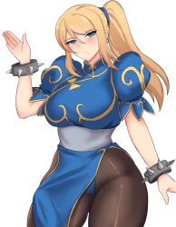  1girl absurdres blonde_hair blue_dress blue_eyes blush bracelet breasts brown_pantyhose chinese_clothes chun-li chun-li_(cosplay) cosplay cropped_legs dress earrings gold_trim high_ponytail highres jewelry mole mole_under_mouth mrdikwen open_hand pantyhose pelvic_curtain ponytail puffy_short_sleeves puffy_sleeves qipao samus_aran sash short_sleeves solo spiked_bracelet spikes thigh-highs thighs white_background white_sash 