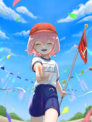  1boy ^_^ absurdres baseball_cap blue_shorts blue_sky character_name closed_eyes commentary_request confetti cow dated day fisheye flag from_below gym_shirt gym_shorts gym_uniform happy hat highres holding holding_flag male_focus motimoti_mgmg name_tag ocean_prince open_mouth outdoors outstretched_arm pennant pink_hair puyopuyo red_hat salde_canarl_shellbrick_iii shirt shirt_tucked_in short_hair short_sleeves shorts signature sky smile solo sports_festival standing string_of_flags swimsuit w white_shirt 